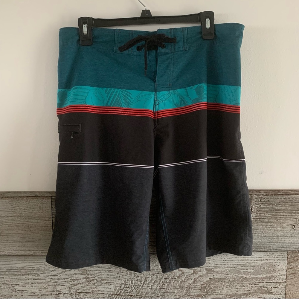 Burnside Board Shorts Swimwear 32 Black Teal Red Quick Drying with wax comb